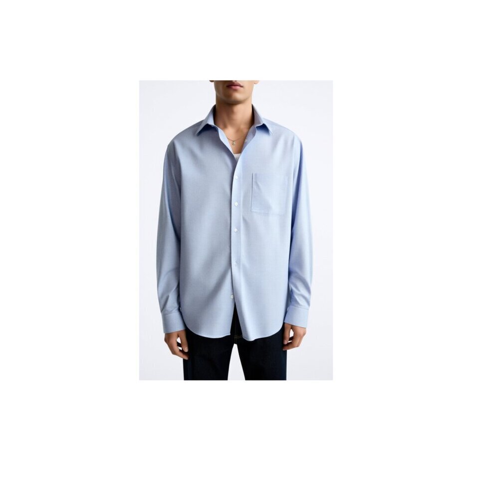 Lanesboro Men's Size 17.5 Small Checked Button Up Shirt Long Sleeve Blue & White